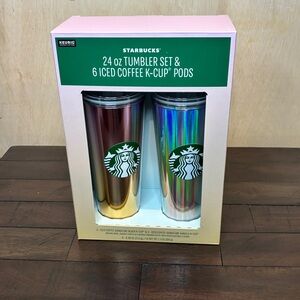 Starbucks Tumbler Set - two 24 oz tumblers with 6 iced coffee k-cup pods - NIB